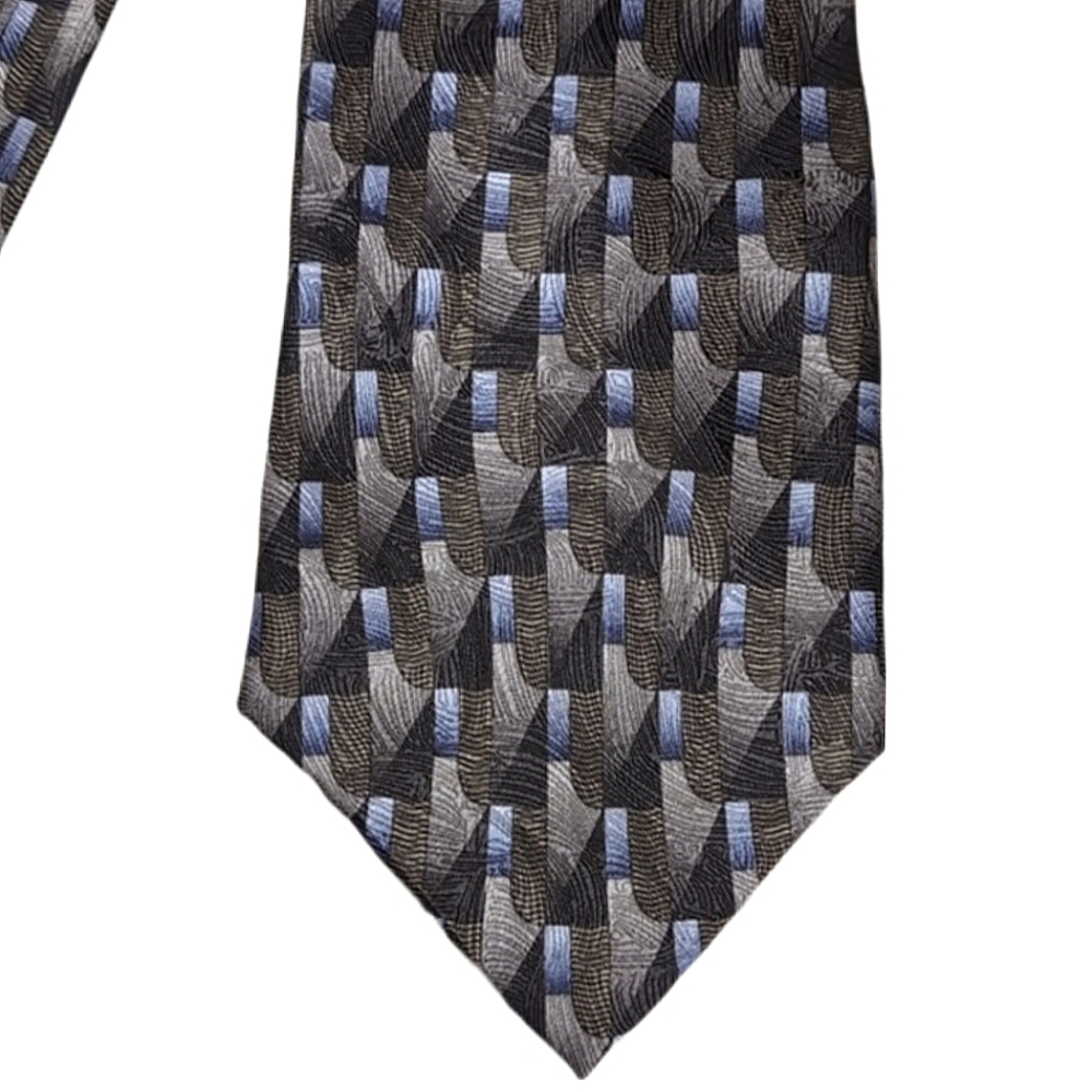 Z Inc Pure Silk Mens Tie Geometric 4" Wide Vintage Necktie Black Blue Grey